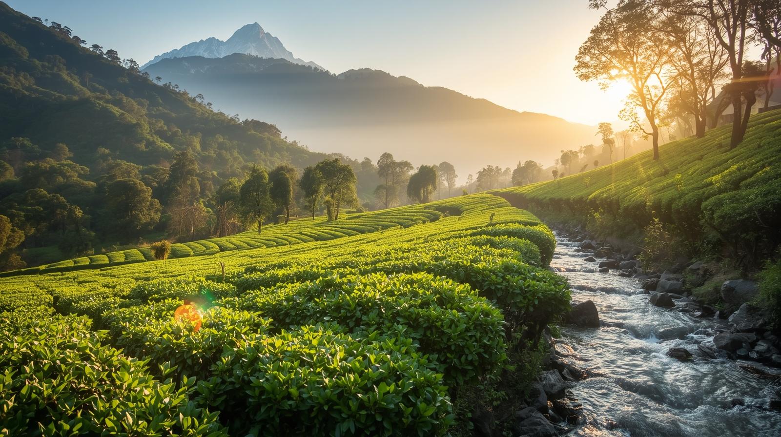 Assam tea fields and golden tea liquor